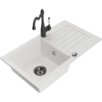 Granitový dřez Mexen Pablo granitový dřez jednodřezový s odkapávačem a kuchyňskou baterií Carla, bílý - 6510-20-670700-70 Granitové dřezy s baterií