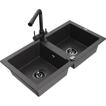 Granitový dřez Mexen Mario žulový dřez s 2 komorami a kuchyňskou baterií Duero, černý skvrnitý - 6504-76-671600-70-B Granitové dřezy s baterií