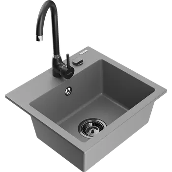Granitový dřez Mexen Milo granitový dřez 1-komorový s kuchyňskou baterií Telma, šedý - 6505-71-670200-70-B Granitové dřezy s baterií