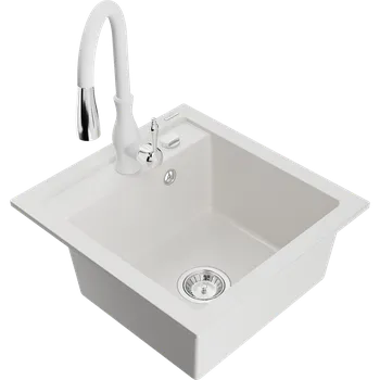 Granitový dřez Mexen Vito granitový dřez 1-komorový s kuchyňskou baterií Savita, bílý - 6503-20-672601-20 Granitové dřezy s baterií