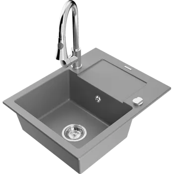 Granitový dřez Mexen Enzo granitový dřez s 1 komorou, odkapávačem a kuchyňskou baterií Elia, šedý - 6506-71-670101-00 Granitové dřezy s baterií
