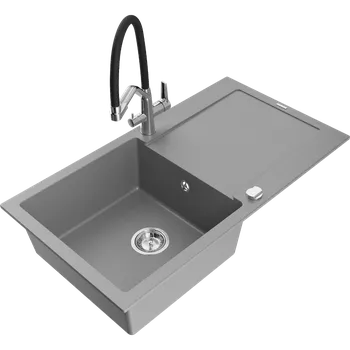 Granitový dřez Mexen Leo granitový dřez jednokomorový s odkapávačem a kuchyňskou baterií Duo, šedý - 6501-71-671701-07 Granitové dřezy s baterií