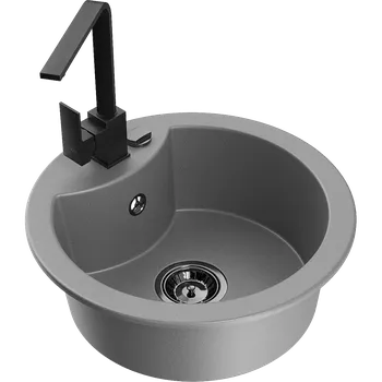 Granitový dřez Mexen Diego granitový dřez 1-komorový s kuchyňskou baterií Rita, šedý - 6512-71-670300-70-B Granitové dřezy s baterií