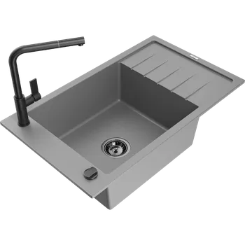 Mexen Elias granitový dřez 1-komorový s odkapávačem a kuchyňskou baterií Flora, šedý - 6511-71-670401-70-B Granitové dřezy s baterií