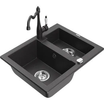 Granitový dřez Mexen Carlos žulový dřez 1,5-komorový s kuchyňskou baterií Carla, černý kropenatý - 6518-76-670700-76 Granitové dřezy s baterií