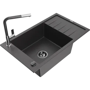 Granitový dřez Mexen Elias granitový dřez 1-komorový s odkapávačem a kuchyňskou baterií Flora, černý skvrnitý - 6511-76-670401-08-B Granitové dřezy s baterií