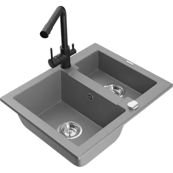 Granitový dřez Mexen Carlos granitový dřez 1,5-komorový s kuchyňskou baterií Duero, šedý - 6518-71-671600-70 Granitové dřezy s baterií