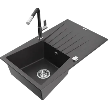Granitový dřez Mexen Cesar granitový kuchyňský dřez s 1 komorou a odkapávačem a kuchyňskou baterií Flora, černý skvrnitý - 6514-76-670401-07 Granitové dřezy s baterií