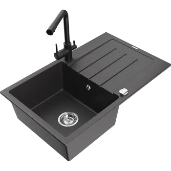 Granitový dřez Mexen Bruno granitový dřez 1-komorový s odkapávačem a kuchyňskou baterií Duero, černý skvrnitý - 6513-76-671600-70 Granitové dřezy s baterií