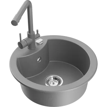 Granitový dřez Mexen Diego granitový dřez 1-komorový s kuchyňskou baterií Duero, šedý - 6512-71-671600-71 Granitové dřezy s baterií