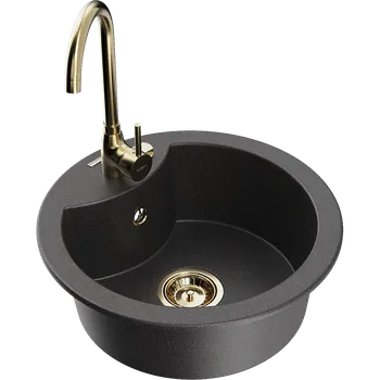 Granitový dřez Mexen Diego granitový dřez 1-komorový s kuchyňskou baterií Telma, černý tečkovaný - 6512-76-670200-50 Granitové dřezy s baterií