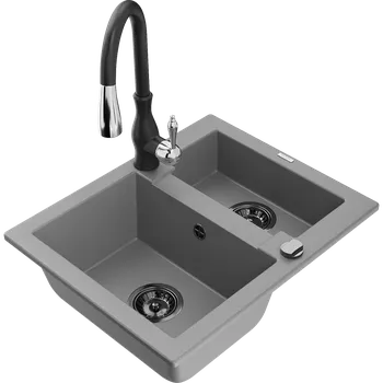 Granitový dřez Mexen Carlos granitový dřez 1,5-komorový s kuchyňskou baterií Savita, šedý - 6518-71-672601-70-B Granitové dřezy s baterií