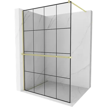 Mexen Kioto+ sprchová stěna s policí Walk-in 130 x 200 cm, černá mřížka, zlatá kartáčovaná - 800-130-121-55-77 Sprchové stěny