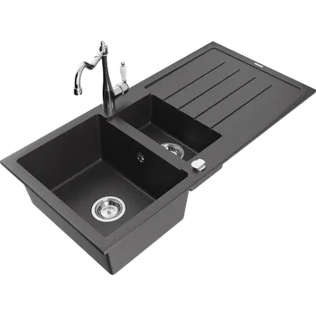 Granitový dřez Mexen Andres granitový dřez 1,5-komorový s odkapávačem a kuchyňskou baterií Carla, černý s tečkováním - 6515-76-670700-00 Granitové dřezy s baterií