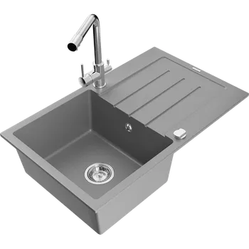Granitový dřez Mexen Bruno granitový dřez s 1 komorou, odkapávačem a kuchyňskou baterií Duero, šedý - 6513-71-671600-00 Granitové dřezy s baterií