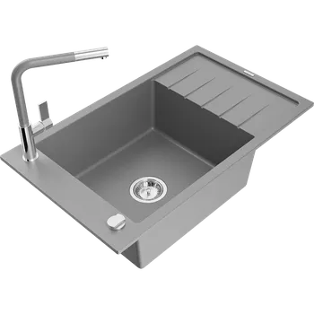 Granitový dřez Mexen Elias jednokomorový žulový dřez s odkapávačem a kuchyňskou baterií Flora, šedý - 6511-71-670401-06 Granitové dřezy s baterií