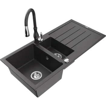 Granitový dřez Mexen Andres žulový dřez 1,5-komorový s odkapávačem a kuchyňskou baterií Savita, černý skvrnitý - 6515-76-672601-76 Granitové dřezy s baterií