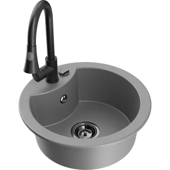 Granitový dřez Mexen Diego granitový jednodřez s kuchyňskou baterií Elia, šedý - 6512-71-670101-70-B Granitové dřezy s baterií