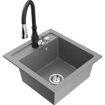 Granitový dřez Mexen Vito granitový dřez 1-komorový s kuchyňskou baterií Savita, šedý - 6503-71-672601-70 Granitové dřezy s baterií