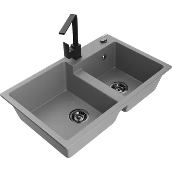 Kuchyňský dřez Mexen Tomas granitový dřez 2-komorový s kuchyňskou baterií Rita, šedý - 6516-71-670300-70-B Granitové dřezy s baterií