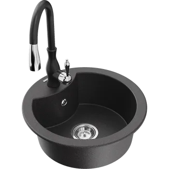 Granitový dřez Mexen Diego granitový dřez jednokomorový s kuchyňskou baterií Savita, černý skvrnitý - 6512-76-672601-70 Granitové dřezy s baterií