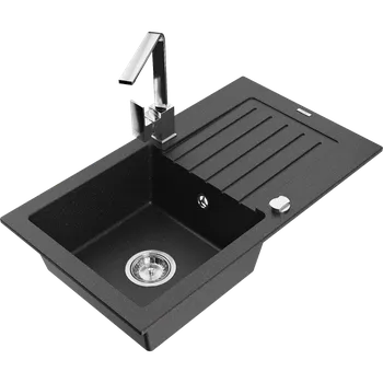 Granitový dřez Mexen Pablo žulový dřez 1-komorový s odkapem a kuchyňskou baterií Rita, černý/stříbrný metalický- 6510-73-670300-00 Granitové dřezy s baterií