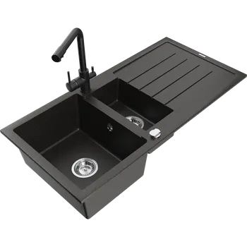 Granitový dřez Mexen Andres granitový dřez 1,5komorový s odkapávačem a kuchyňskou baterií Duero, černý/zlatý - 6515-75-671600-70 Granitové dřezy s baterií