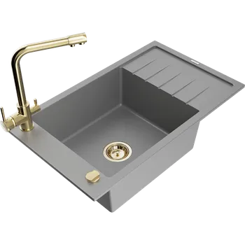 Granitový dřez Mexen Elias granitový kuchyňský dřez 1-komorový s odkapávačem a kuchyňskou baterií Duero, šedý - 6511-71-671600-50 Granitové dřezy s baterií