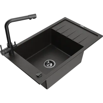 Granitový dřez Mexen Elias granitový dřez 1-komorový s odkapávačem a kuchyňskou baterií Duero, černý/zlatý metalik - 6511-75-671600-70-B Granitové dřezy s baterií