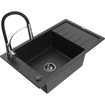 Granitový dřez Mexen Elias granitový dřez s 1 komorou a odkapávačem a kuchyňskou baterií Aster, černý/stříbrný metalický - 6511-73-73450-07-B Granitové dřezy s baterií