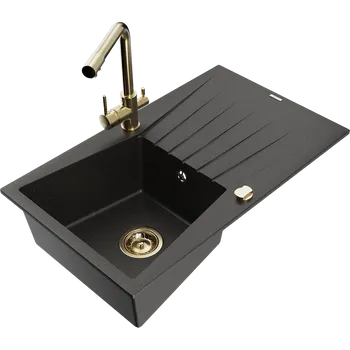 Granitový dřez Mexen Cesar žulový dřez s 1 komorou, odkapávačem a kuchyňskou baterií Duero, černý/zlatý metalik - 6514-75-671600-50 Granitové dřezy s baterií