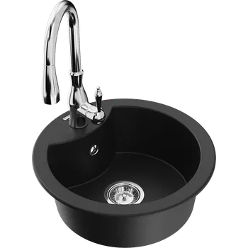 Granitový dřez Mexen Diego granitový dřez 1-komorový s kuchyňskou baterií Savita, černý - 6512-77-672601-00 Granitové dřezy s baterií