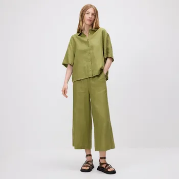 Reserved - Lněné kalhoty culotte - světle olivová - 689AC-81X - 689AC-81X-XXL