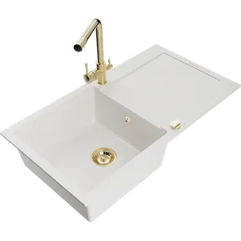 Granitový dřez Mexen Leo dřez granitový 1-komorový s odkapávačem a kuchyňskou baterií Duero, bílý - 6501-20-671600-50 Granitové dřezy s baterií