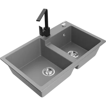 Granitový dřez Mexen Tomas žulový dřez, 2 komory s kuchyňskou baterií Rita, šedý - 6516-71-670300-70 Granitové dřezy s baterií