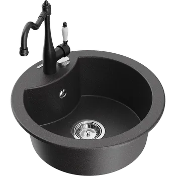 Granitový dřez Mexen Diego granitový dřez 1-komorový s kuchyňskou baterií Carla, černý skvrnitý - 6512-76-670700-70 Granitové dřezy s baterií