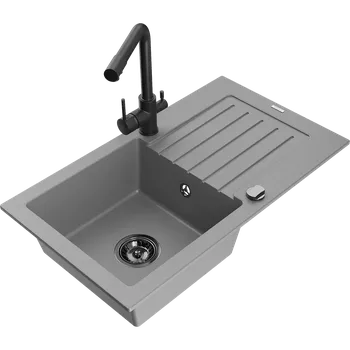Granitový dřez Mexen Pablo žulový dřez s 1 komorou, s odkapávačem a kuchyňskou baterií Duero, šedý - 6510-71-671600-70-B Granitové dřezy s baterií