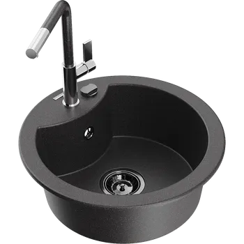 Granitový dřez Mexen Diego granitový dřez 1-komorový s kuchyňskou baterií Flora, černý skvrnitý - 6512-76-670401-08-B Granitové dřezy s baterií