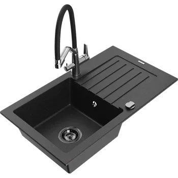Granitový dřez Mexen Pablo žulový dřez s 1 komorou s odkapávačem a kuchyňskou baterií Duo, černá/stříbrná metalíza - 6510-73-671701-07-B Granitové dřezy s baterií