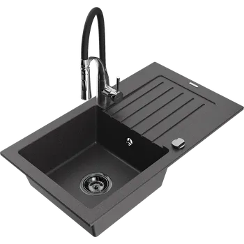 Granitový dřez Mexen Pablo granitový dřez 1-komorový s odkapávačem a kuchyňskou baterií Aster, černý nakrapovaný - 6510-76-73450-07-B Granitové dřezy s baterií