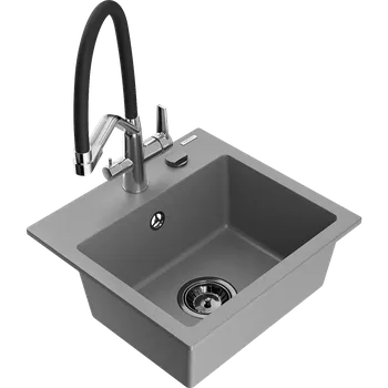 Granitový dřez Mexen Milo granitový dřez 1-komorový s kuchyňskou baterií Duo, šedý - 6505-71-671701-07-B Granitové dřezy s baterií