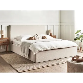 Postel Postel s úložným prostorem krémově bílá buklé čalounění 160 x 200 cm s širokým čelem a úložným zvedacím roštem ložnice Beliani