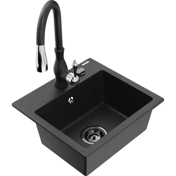 Granitový dřez Mexen Milo granitový dřez 1-komorový s kuchyňskou baterií Savita, černý/stříbrný metalik- 6505-73-672601-70-B Granitové dřezy s baterií