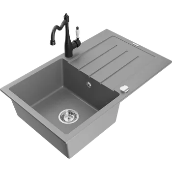 Granitový dřez Mexen Bruno žulový dřez s jednou komorou s odkapávačem a kuchyňskou baterií Carla, šedý - 6513-71-670700-70 Granitové dřezy s baterií