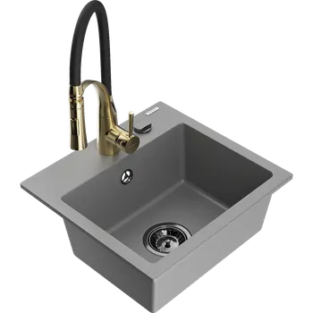 Granitový dřez Mexen Milo granitový dřez 1-komorový s kuchyňskou baterií Aster, šedý - 6505-71-73450-57-B Granitové dřezy s baterií