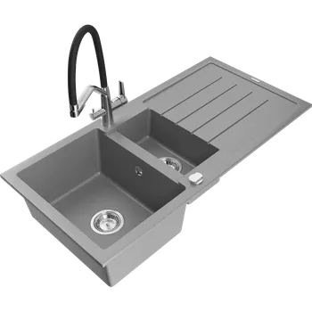 Granitový dřez Mexen Andres granitový dřez 1,5-komorový s odkapávačem a kuchyňskou baterií Duo, šedý - 6515-71-671701-07 Granitové dřezy s baterií