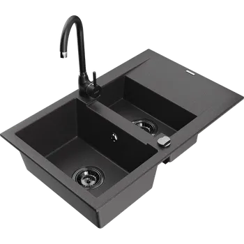 Granitový dřez Mexen Gaspar granitový dřez 1,5-komorový s odkapem a kuchyňskou baterií Telma, černý s tečkami - 6507-76-670200-70-B Granitové dřezy s baterií