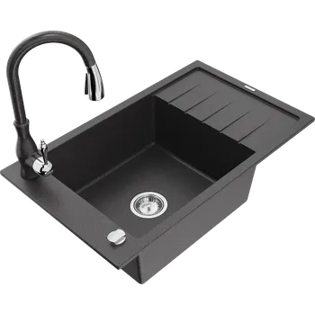 Granitový dřez Mexen Elias žulový dřez 1-komorový s odkapávačem a kuchyňskou baterií Savita, černý tečkovaný - 6511-76-672601-76 Granitové dřezy s baterií