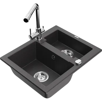 Granitový dřez Mexen Carlos granitový dřez 1,5-komorový s kuchyňskou baterií Duero, černý skvrnitý - 6518-76-671600-00 Granitové dřezy s baterií