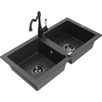 Mexen Mario žulový dřez dvoukomorový s kuchyňskou baterií Carla, černý tečkovaný - 6504-76-670700-70-B Granitové dřezy s baterií